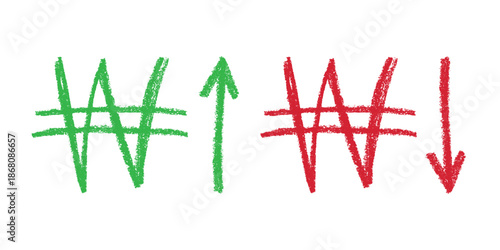 Hand drawn won currency symbol Growth and fall profit with arrow up and down Brush stroke doodle Element for design