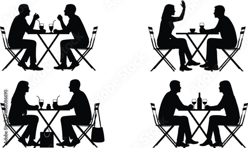 Silhouette couples sitting at café tables engaging in conversation, drinking coffee or wine in romantic and casual restaurant settings