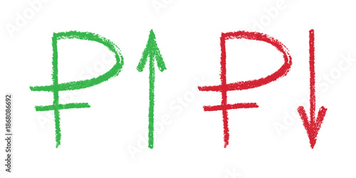 Hand drawn russian ruble currency symbol Growth and fall profit with arrow up and down Brush stroke doodle Element for design