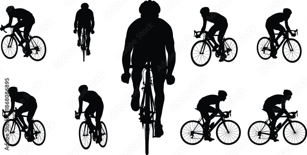 Φωτογραφία Silhouette cyclists riding road bicycles in multiple dynamic poses, front view,
