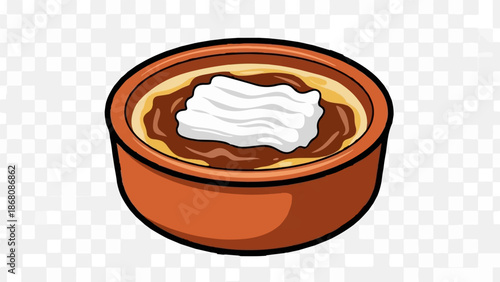 A dessert in a terracotta bowl with chocolate and whipped cream