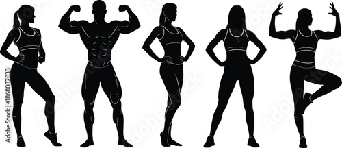Silhouette fitness poses of athletic men and women in sportswear showing strength, flexibility, yoga, and workout body posture styles