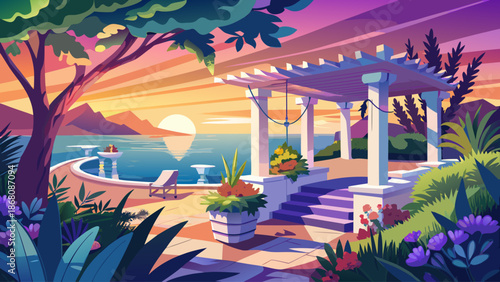 Beachfront villa garden with white pergola and sea view at sunset
