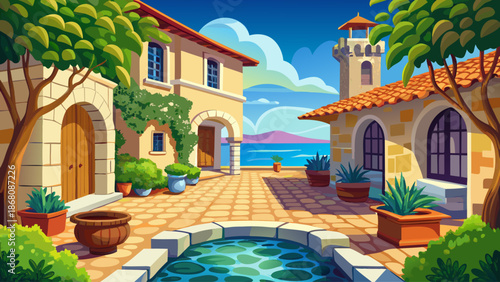 Mediterranean coastal villa courtyard with stone tiles and ocean breeze