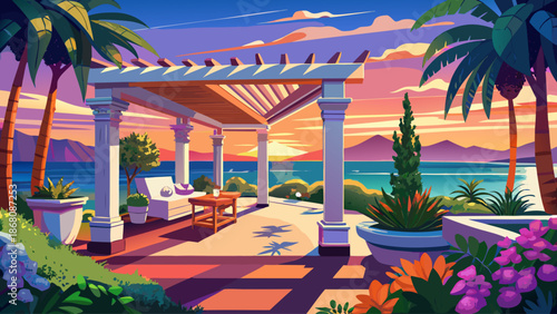 Beachfront villa garden with white pergola and sea view at sunset