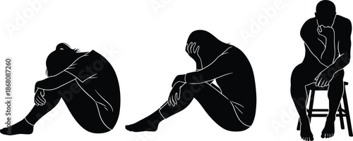 Silhouette illustration of people sitting in contemplative, distressed, thoughtful poses representing emotions, sadness, depression, reflection, and introspection