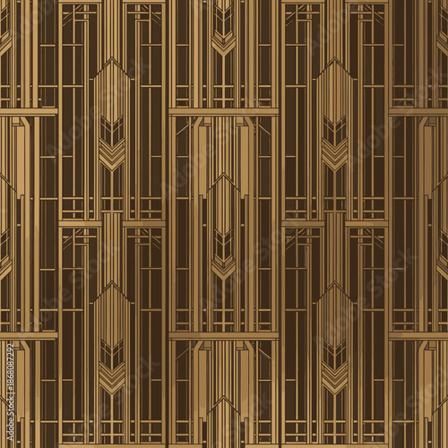 Elegant Art Deco seamless geometric pattern in luxurious golden bronze tones, ideal for vintage backgrounds, decorative wallpaper, and sophisticated design.