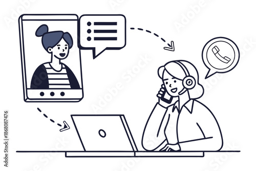 A vector graphic illustration of a woman working remotely with a headset and laptop