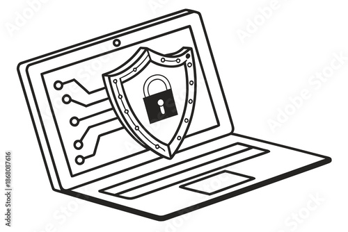 A vector graphic illustration of a laptop with a shield and lock on the screen