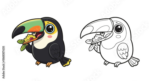 Toucan Cartoon Character Holding Fruit Coloring Page Featuring Tropical Bird Illustration
