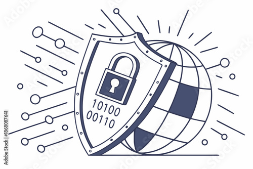 A vector graphic illustration of a shield and lock protecting a globe with binary code