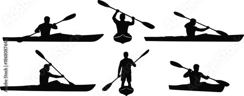 Silhouette kayak and paddleboard vector set showing various paddling positions, water sports postures, outdoor activity icons for stock use