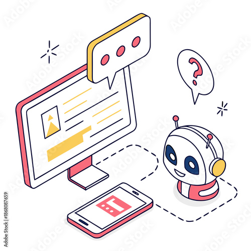 A vector graphic illustration of a robot with a computer and smartphone