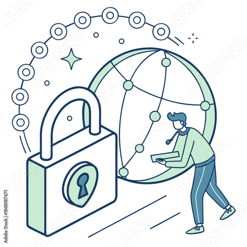 A vector graphic illustration of a person securing a globe with a large padlock