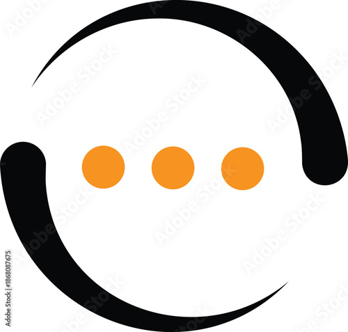 Abstract black circular design element frames three orange dots suggesting loading or ongoing process against a clean white background representing digital communication flow.