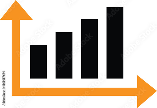 Simple black bar chart icon with orange axis arrows illustrating positive business growth and upward statistical trend visualization for reports