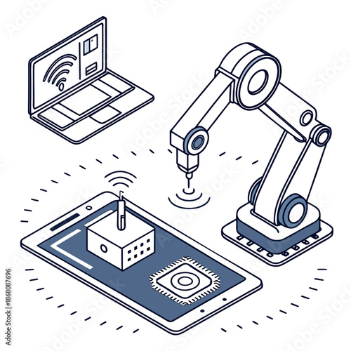 A robotic arm controlled by a smartphone and laptop creates a 3D printed object