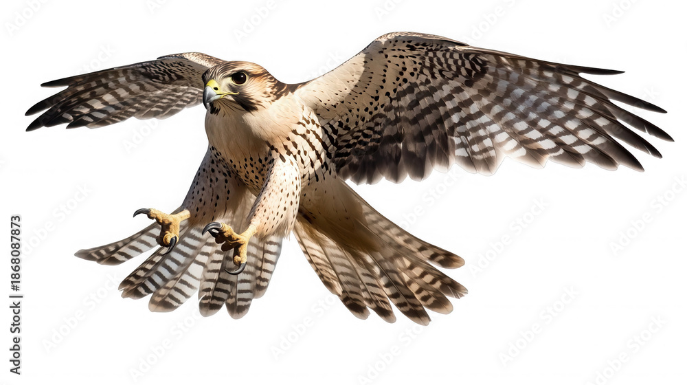 Obraz premium Majestic gyrfalcon bird of prey captured mid-flight displaying powerful wingspan and sharp talons in stunning detail on transparent background