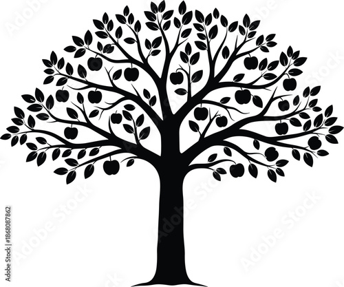 Silhouette of apple tree with leaves and fruits for nature, harvest, agriculture, orchard design, and vector graphic decoration.
