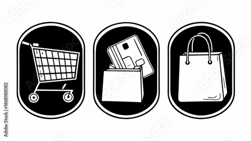 Vector shopping cart icon design set featuring a retail basket symbol and web store button for e-commerce business buy sign on black background