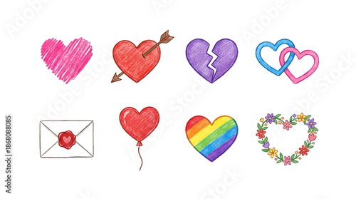 Heart icon set including hand drawn scribbled, pierced, broken, interlocking, and rainbow pride variants isolated. Valentine and love illustration collection.