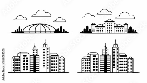 Vector illustration of a city skyline featuring a modern urban landscape with paper style skyscrapers, business buildings, and houses under a cartoon cloud sky