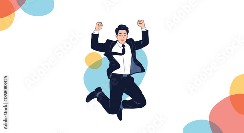 Energetic business professional in a suit jumping high in the air in celebration of a successful achievement or promotion.