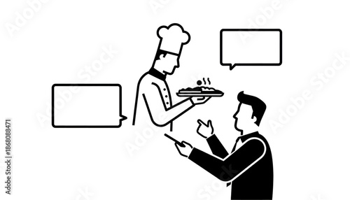 Waiter Serving Customer, Black and White Line Art