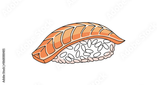 Salmon nigiri sushi piece with detailed rice grains is isolated on white, representing traditional japanese cuisine and delicious seafood.