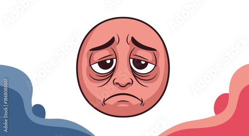 Sad and exhausted circular emoji face with red skin and tired eyes is placed between blue and pink abstract waves on a white background.