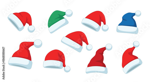 Collection of colorful santa claus hats in red, green, and blue is shown in various angles, perfect for christmas and holiday designs.