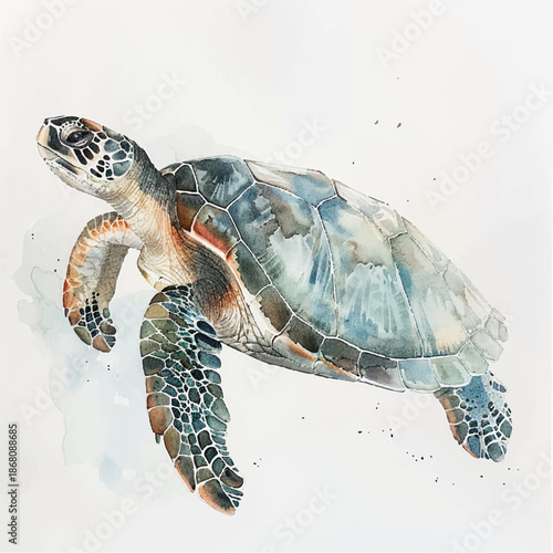 Natural vector illustration of a large sea turtle animal, postcard, sticker