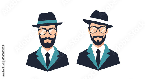 Two portraits of bearded men wearing fedora hats, glasses, and formal suits with teal accents are displayed side-by-side in a flat style.