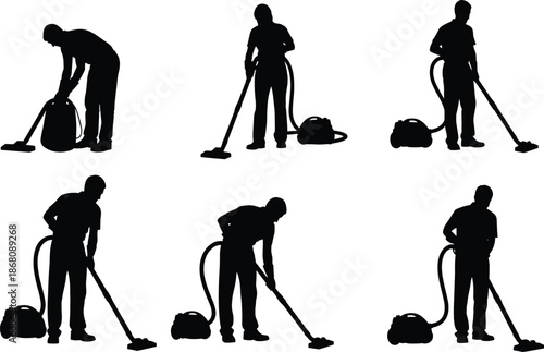 Silhouette of person vacuuming with canister cleaner in various postures, household cleaning activity, ergonomic movement, black vector art