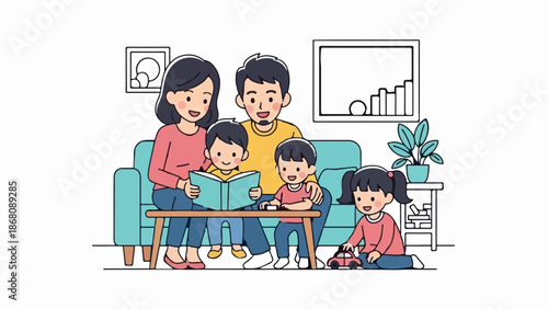 A family enjoys reading together at home, with children playing nearby