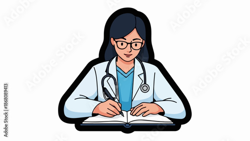 A female doctor with glasses and a stethoscope, wearing a white coat, diligently writes in an open book