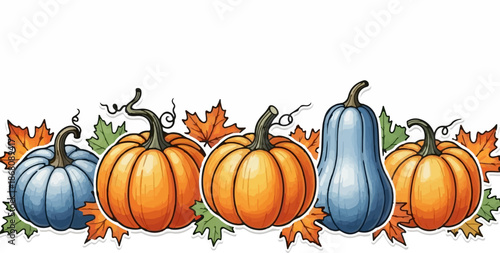 A festive arrangement of autumn gourds and colorful leaves