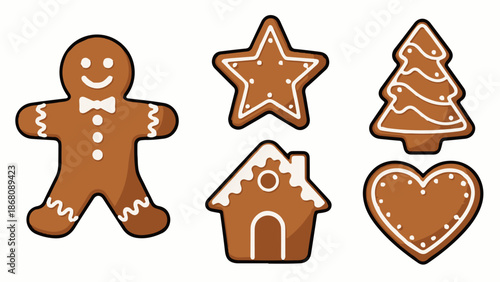 A festive assortment of decorated gingerbread cookies man, star, tree, house, and heart