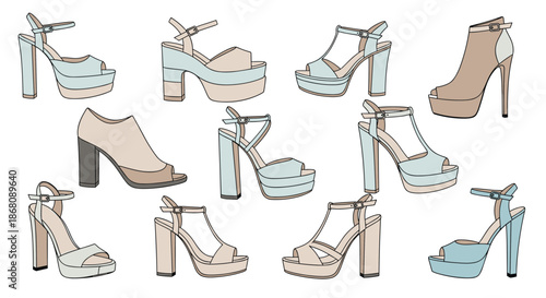 Wide variety of elegant high-heeled shoes and sandals in pastel tones is presented as a collection for fashion and footwear design projects.
