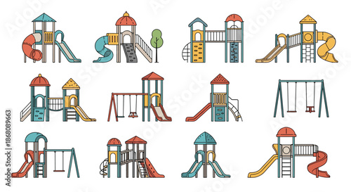 Set of colorful children's playground equipment including slides and swings is illustrated in a detailed flat style for outdoor park fun.