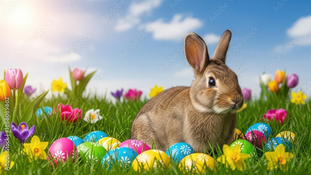 Fototapeta premium Easter bunny sitting in a field of colorful flowers and eggs