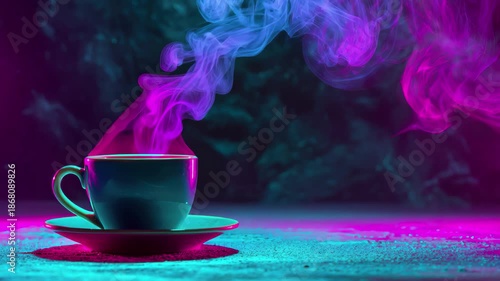Steaming coffee cup with vibrant pink and blue neon smoke in dark setting, 4k video
