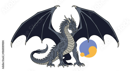 Formidable dark grey dragon with massive wings and sharp claws is depicted in a detailed fantasy illustration style with a circular logo.