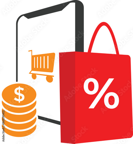 online shopping discount concept with phone and bag