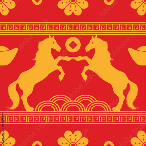 golden two rearing horses in symmetrical composition with floral and cloud patterns on a red background, horse chinese pattern seamless, horse chinese new year