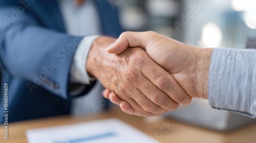 A close-up of two hands shaking, symbolizing an agreement or partnership in a professional setting.