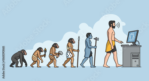 Human evolution from primitive apes to modern office workers using computers is depicted in a series of figures on a light blue background.