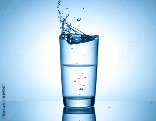 Clear glass with water splashing upwards in front of a blue background