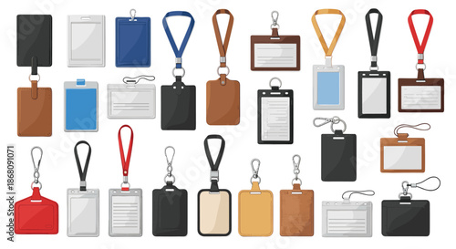 Comprehensive set of ID badge holders, lanyards, and identification cards in various colors is shown for business and corporate event use.