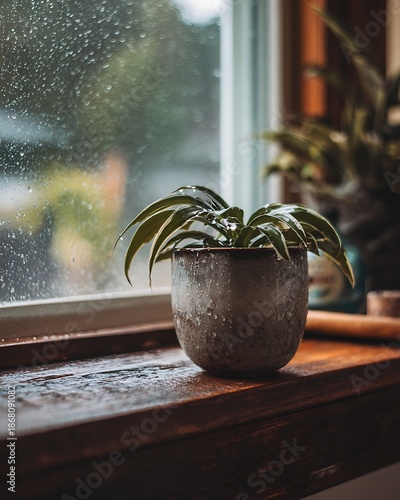 Moody houseplant on window sill with rain droplets cozy indoor atmosphere